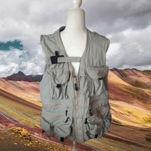 gorpcore Khaki Utility Vest with Multiple Pockets Machu Picchu Embroidered Sz M